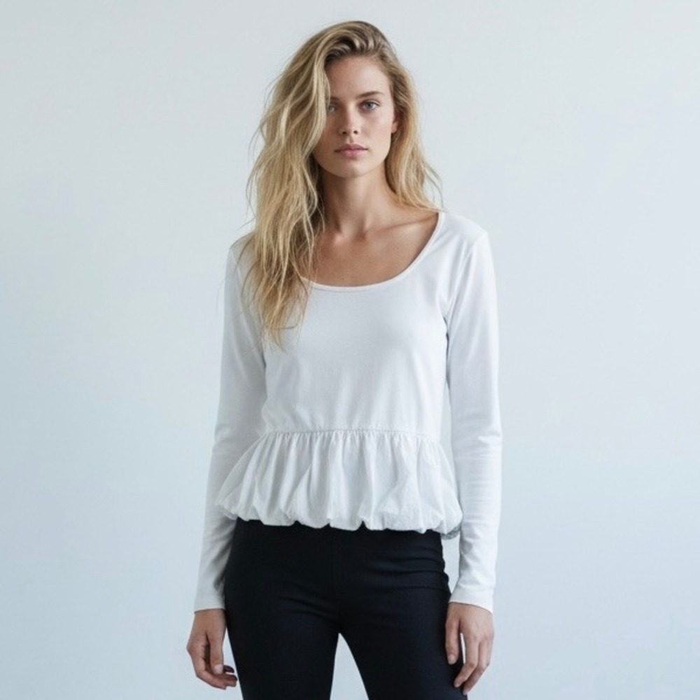 🌴 Jolie & Joy White Long Sleeve Peplum Bubble Hem Top Women Size M
